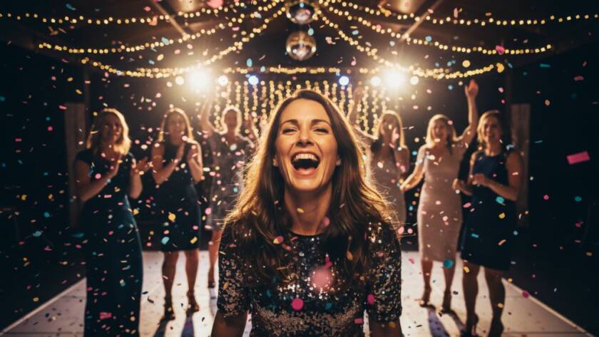 A Professional Party Photographer Ferntree Gully Unforgettable Moments captured: an overjoyed birthday guest caught mid-laughter, surrounded by colourful confetti and shimmering lights, in a lively Ferntree Gully event venue, showcasing the pure joy of celebration with dramatic, professional lighting.