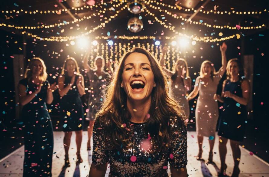 A Professional Party Photographer Ferntree Gully Unforgettable Moments captured: an overjoyed birthday guest caught mid-laughter, surrounded by colourful confetti and shimmering lights, in a lively Ferntree Gully event venue, showcasing the pure joy of celebration with dramatic, professional lighting.