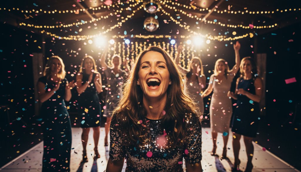 A Professional Party Photographer Ferntree Gully Unforgettable Moments captured: an overjoyed birthday guest caught mid-laughter, surrounded by colourful confetti and shimmering lights, in a lively Ferntree Gully event venue, showcasing the pure joy of celebration with dramatic, professional lighting.