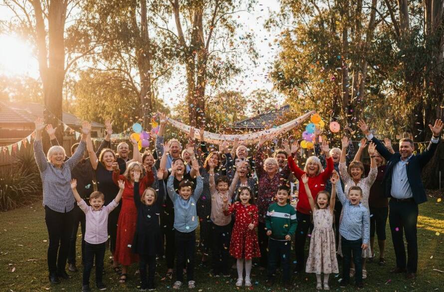 An epic moment of a large family and friends group cheering joyfully at a vibrant backyard party in Bentleigh East, Victoria. Dynamic lighting captures confetti mid-air, professional colour grading enhances the festive mood, and candid smiles fill the frame, embodying professional party photography Bentleigh East.