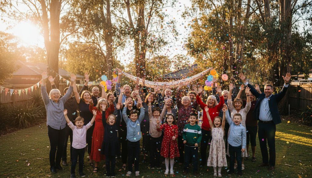 An epic moment of a large family and friends group cheering joyfully at a vibrant backyard party in Bentleigh East, Victoria. Dynamic lighting captures confetti mid-air, professional colour grading enhances the festive mood, and candid smiles fill the frame, embodying professional party photography Bentleigh East.