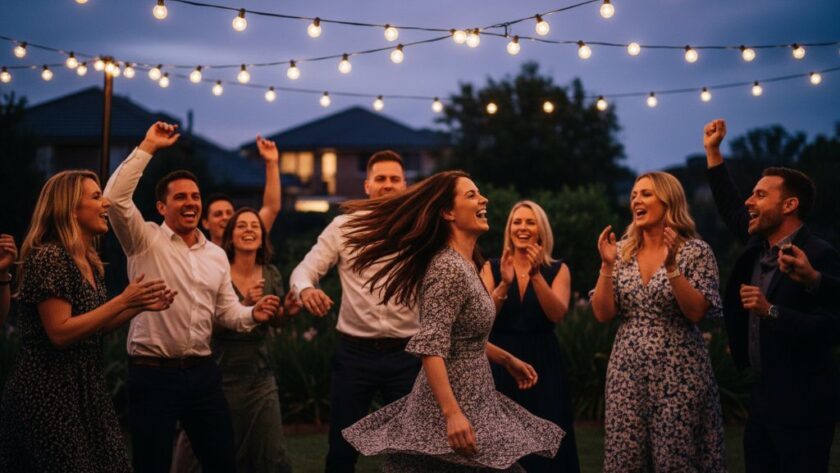 A vibrant, candid shot capturing an 'epic moment' of guests dancing joyfully under colourful lights at a celebration, showcasing professional party photography Hamlyn Heights VIC with dynamic action and genuine smiles.