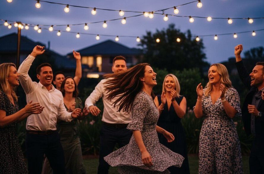 A vibrant, candid shot capturing an 'epic moment' of guests dancing joyfully under colourful lights at a celebration, showcasing professional party photography Hamlyn Heights VIC with dynamic action and genuine smiles.