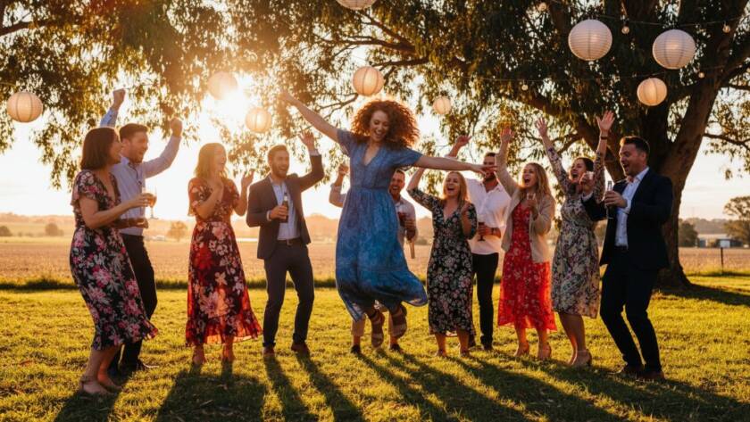 An epic moment of pure, authentic joy captured through professional party photography in Koo Wee Rup, showing guests laughing heartily under twinkling fairy lights at a vibrant outdoor celebration.