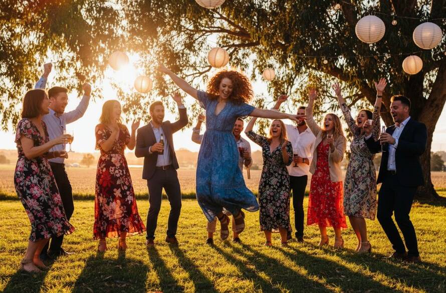 An epic moment of pure, authentic joy captured through professional party photography in Koo Wee Rup, showing guests laughing heartily under twinkling fairy lights at a vibrant outdoor celebration.