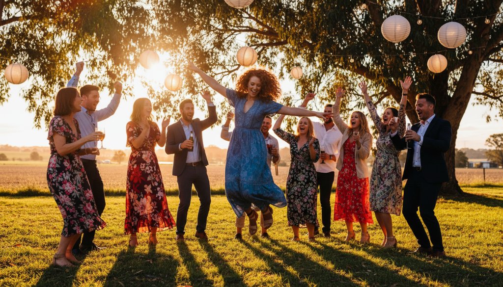 An epic moment of pure, authentic joy captured through professional party photography in Koo Wee Rup, showing guests laughing heartily under twinkling fairy lights at a vibrant outdoor celebration.