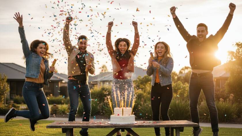 Professional party photography Manor Lakes Victoria capturing an epic moment: A diverse group of friends bursting with laughter and confetti under vibrant string lights at an outdoor evening party in a Manor Lakes backyard, dramatic golden hour backlight silhouetting joyful faces, professional wide-angle shot.