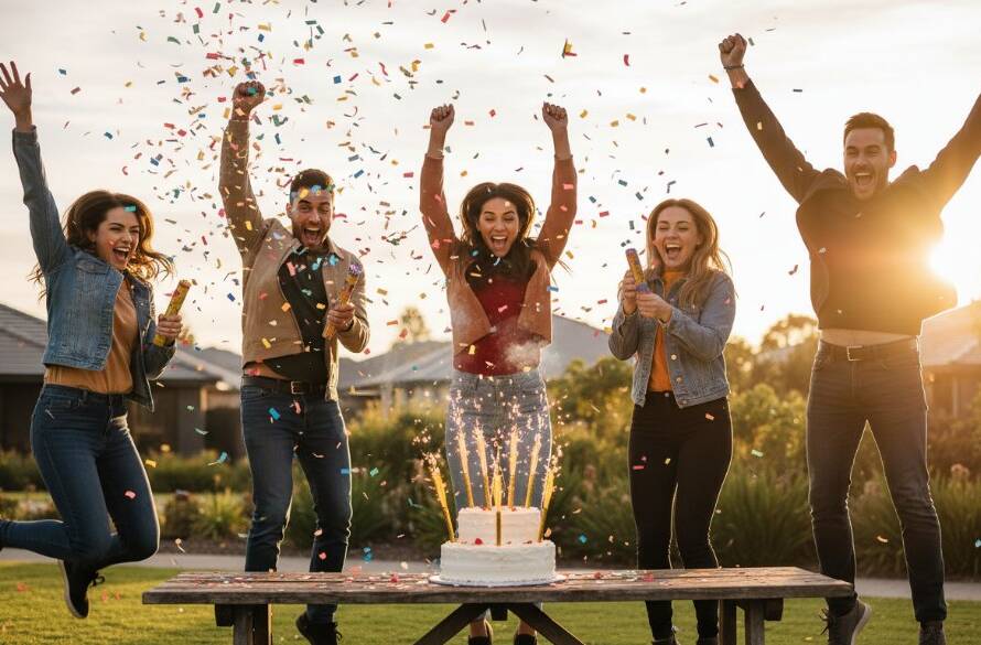 Professional party photography Manor Lakes Victoria capturing an epic moment: A diverse group of friends bursting with laughter and confetti under vibrant string lights at an outdoor evening party in a Manor Lakes backyard, dramatic golden hour backlight silhouetting joyful faces, professional wide-angle shot.
