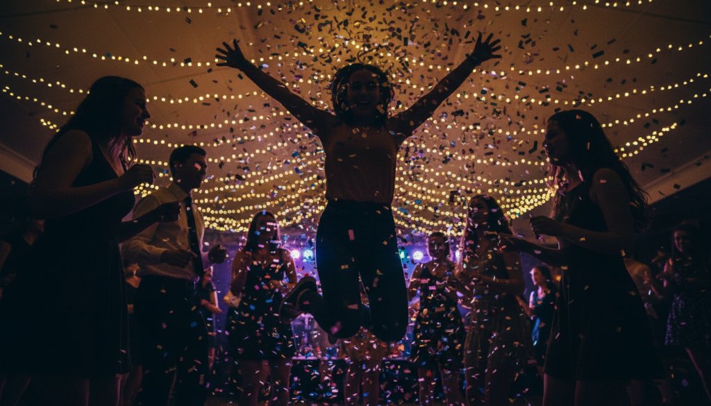 A candid, high-energy photograph capturing an epic moment of joyful laughter and dancing at a vibrant evening celebration in Sale, Victoria, expertly showcasing professional party photography in Sale Victoria vibrant celebrations. Dynamic lighting illuminates guests mid-action, with confetti subtly falling, creating a professional, colour-graded scene of pure revelry.