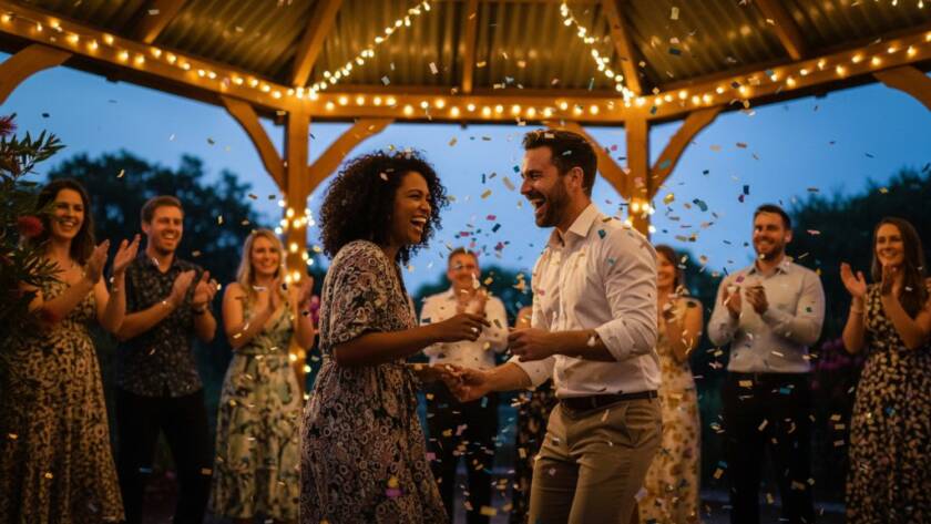 A dynamic, candid photograph capturing the peak moment of a vibrant celebration in Wyndham Vale, showcasing joyful guests dancing under twinkling fairy lights at a beautifully decorated outdoor venue, professionally lit and colour-graded. This exemplifies professional party photography Wyndham Vale vibrant celebrations.
