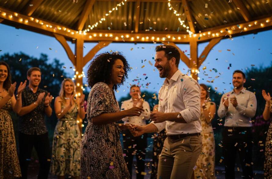 A dynamic, candid photograph capturing the peak moment of a vibrant celebration in Wyndham Vale, showcasing joyful guests dancing under twinkling fairy lights at a beautifully decorated outdoor venue, professionally lit and colour-graded. This exemplifies professional party photography Wyndham Vale vibrant celebrations.