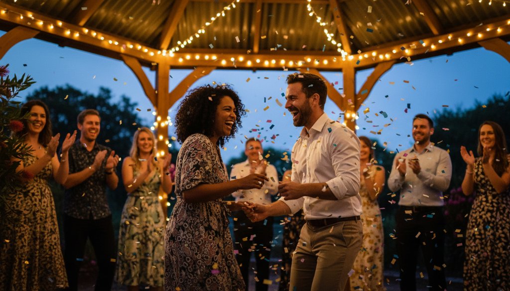 A dynamic, candid photograph capturing the peak moment of a vibrant celebration in Wyndham Vale, showcasing joyful guests dancing under twinkling fairy lights at a beautifully decorated outdoor venue, professionally lit and colour-graded. This exemplifies professional party photography Wyndham Vale vibrant celebrations.