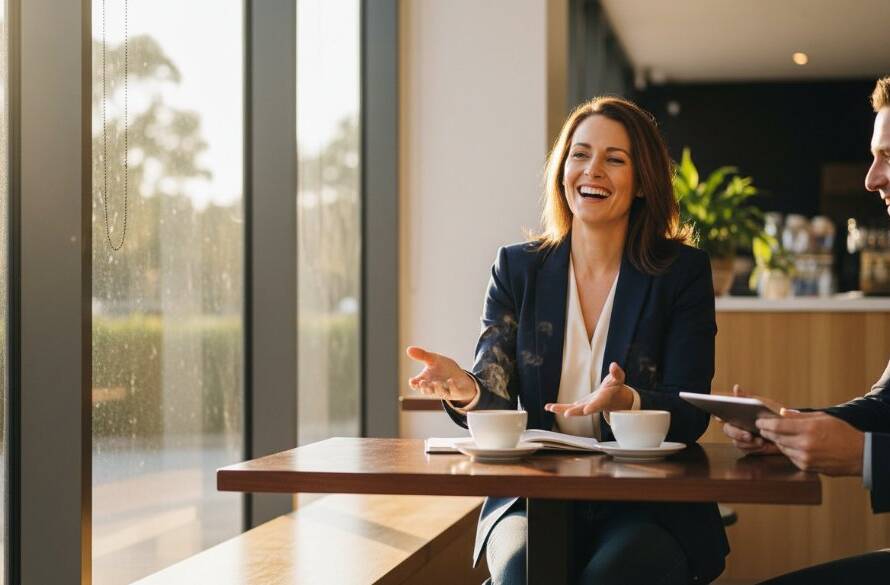 A vibrant professional personal brand photography session in Doncaster East, Victoria, showing an entrepreneur confidently engaging with a client in a modern cafe, bathed in warm, natural light with a sophisticated colour grade, capturing an 'epic moment' of connection and business synergy.