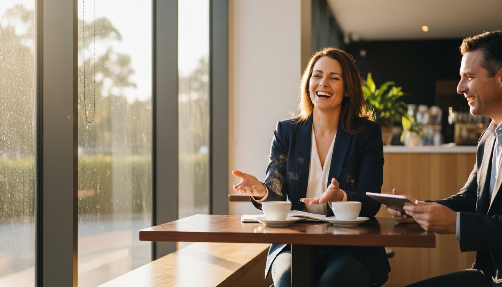A vibrant professional personal brand photography session in Doncaster East, Victoria, showing an entrepreneur confidently engaging with a client in a modern cafe, bathed in warm, natural light with a sophisticated colour grade, capturing an 'epic moment' of connection and business synergy.