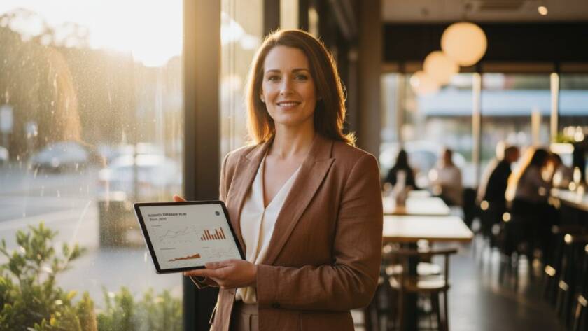A dynamic, cinematic portrait capturing a local Burwood entrepreneur with a confident smile, surrounded by the vibrant energy of a Burwood cafe, showcasing professional personal branding photography Burwood Victoria with dramatic lighting and shallow depth of field.