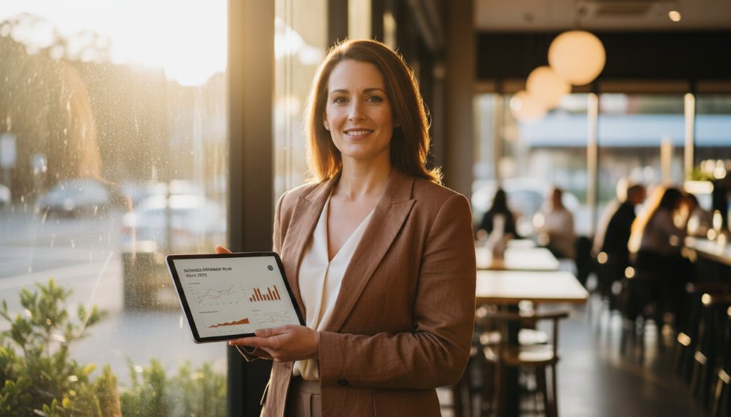 A dynamic, cinematic portrait capturing a local Burwood entrepreneur with a confident smile, surrounded by the vibrant energy of a Burwood cafe, showcasing professional personal branding photography Burwood Victoria with dramatic lighting and shallow depth of field.