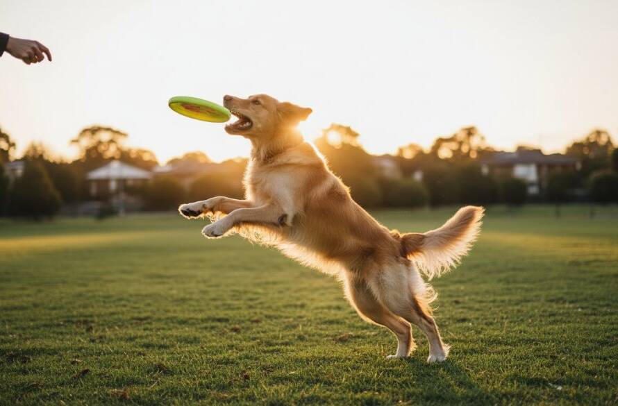 A heartwarming and dynamic professional pet photography Balwyn North parks scene, capturing a golden retriever mid-leap with a joyful expression, chasing a tennis ball at sunset in Macleay Park, Balwyn North. The dramatic golden hour light highlights its fur and the park's lush greenery in the background, conveying pure happiness and a strong bond.