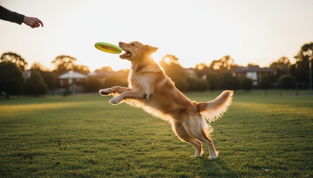 A heartwarming and dynamic professional pet photography Balwyn North parks scene, capturing a golden retriever mid-leap with a joyful expression, chasing a tennis ball at sunset in Macleay Park, Balwyn North. The dramatic golden hour light highlights its fur and the park's lush greenery in the background, conveying pure happiness and a strong bond.