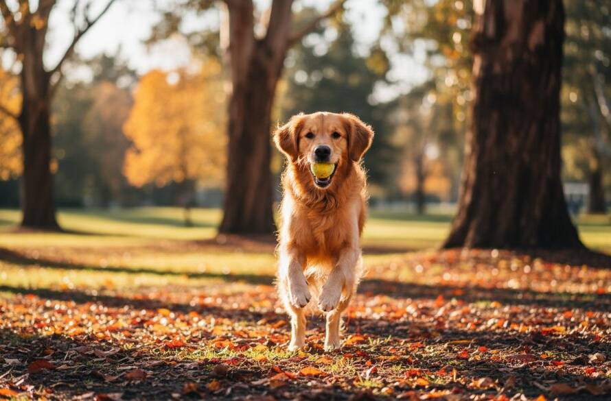 An adorable golden retriever joyfully leaping through autumn leaves in a park in Blackburn North, expertly captured with professional pet photography Blackburn North, showcasing dynamic movement and warm, golden hour lighting.