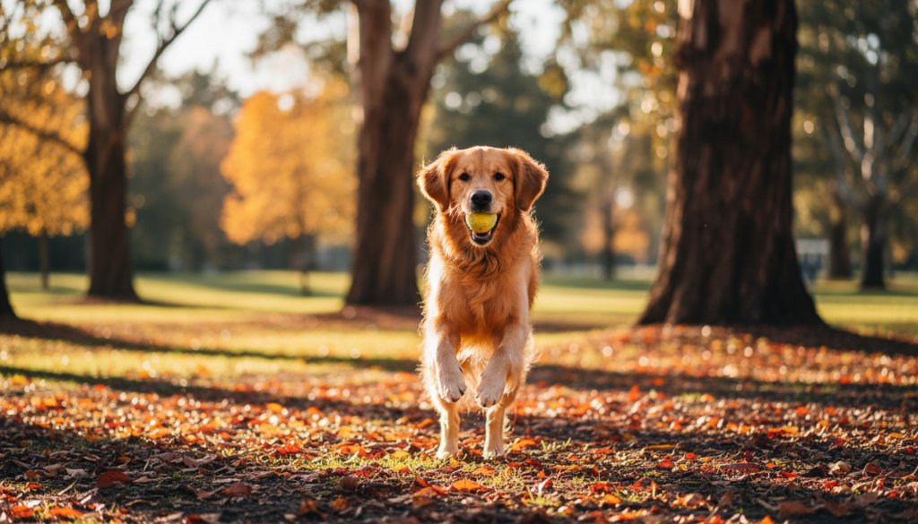 An adorable golden retriever joyfully leaping through autumn leaves in a park in Blackburn North, expertly captured with professional pet photography Blackburn North, showcasing dynamic movement and warm, golden hour lighting.