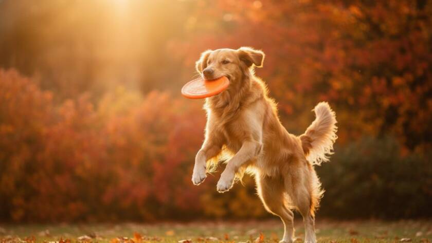 A golden retriever joyfully leaping through autumn leaves in Box Hill Gardens, sunlight dappling its fur, expertly captured by professional pet photography Box Hill capturing cherished moments, showcasing a truly epic, heartwarming moment.