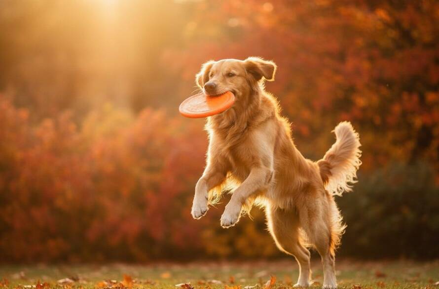 A golden retriever joyfully leaping through autumn leaves in Box Hill Gardens, sunlight dappling its fur, expertly captured by professional pet photography Box Hill capturing cherished moments, showcasing a truly epic, heartwarming moment.