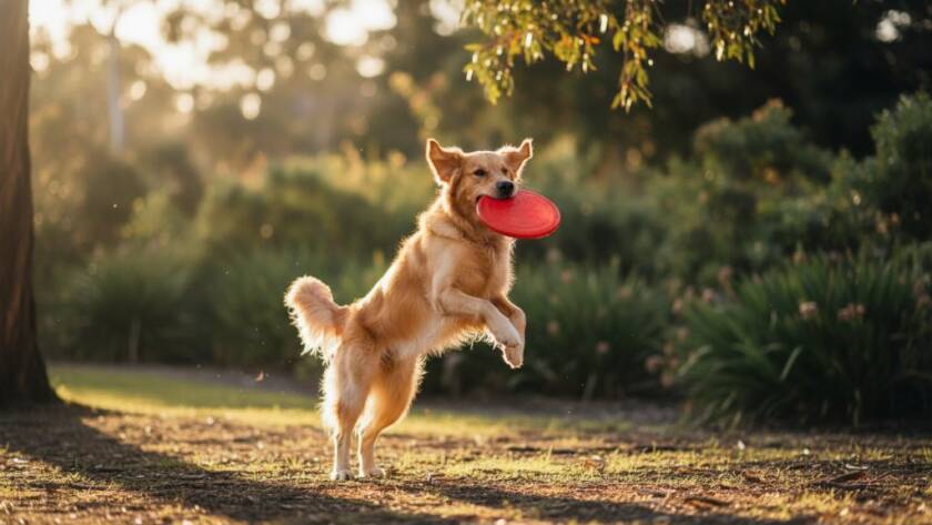 A heartwarming, epic moment captured during a professional pet photography Braeside joyful outdoor sessions, featuring a golden retriever mid-leap in a sun-dappled Braeside park, its owner smiling in the background, professional cinematic lighting.