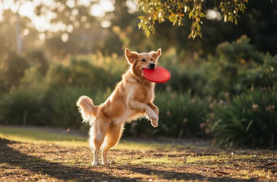 A heartwarming, epic moment captured during a professional pet photography Braeside joyful outdoor sessions, featuring a golden retriever mid-leap in a sun-dappled Braeside park, its owner smiling in the background, professional cinematic lighting.