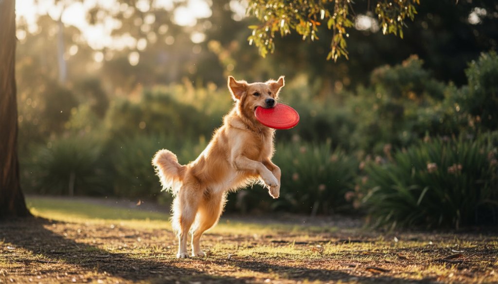 A heartwarming, epic moment captured during a professional pet photography Braeside joyful outdoor sessions, featuring a golden retriever mid-leap in a sun-dappled Braeside park, its owner smiling in the background, professional cinematic lighting.