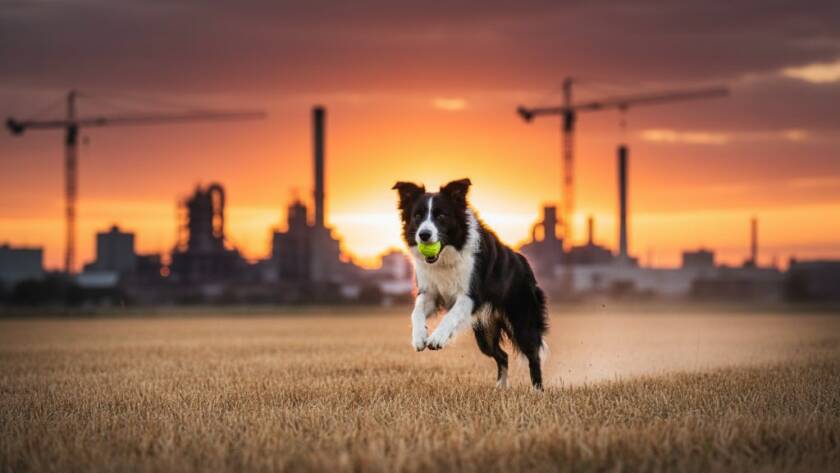 A golden retriever captured in an epic, dynamic moment during professional pet photography Brooklyn Victoria authentic moments, leaping joyfully through sun-drenched grass in Brooklyn's sprawling parklands, with dramatic backlighting and a blurred industrial backdrop creating a unique urban-meets-nature feel, showcasing its boundless energy and happiness.