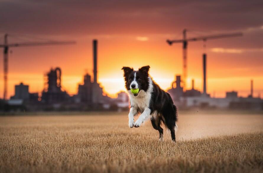 A golden retriever captured in an epic, dynamic moment during professional pet photography Brooklyn Victoria authentic moments, leaping joyfully through sun-drenched grass in Brooklyn's sprawling parklands, with dramatic backlighting and a blurred industrial backdrop creating a unique urban-meets-nature feel, showcasing its boundless energy and happiness.