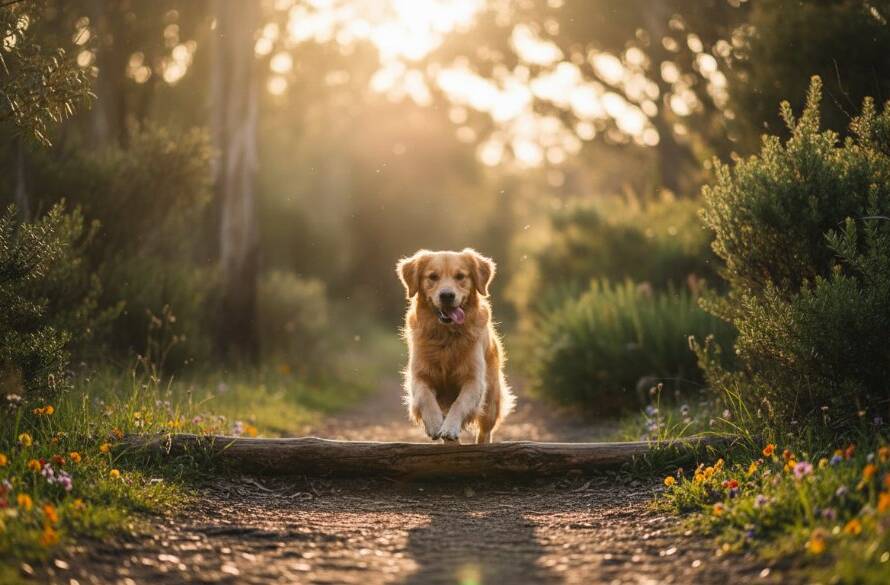 A heartwarming, professionally colour-graded photograph showcasing a golden retriever and its owner sharing a joyful, candid moment near Gardiners Creek Trail in Burwood, bathed in dramatic golden hour light, embodying professional pet photography Burwood.