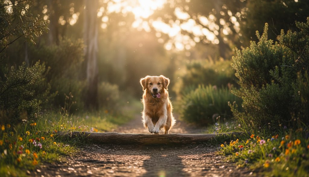 A heartwarming, professionally colour-graded photograph showcasing a golden retriever and its owner sharing a joyful, candid moment near Gardiners Creek Trail in Burwood, bathed in dramatic golden hour light, embodying professional pet photography Burwood.