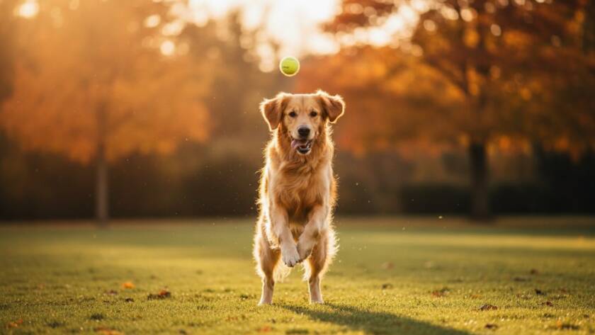 A majestic golden retriever captured in professional pet photography in Caulfield North Victoria, mid-leap through golden hour light at Princes Park, its fur glistening, embodying pure joy and loyalty in an epic, heartwarming moment.