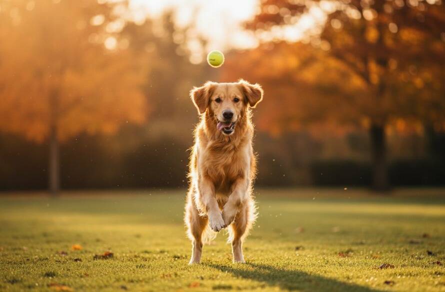 A majestic golden retriever captured in professional pet photography in Caulfield North Victoria, mid-leap through golden hour light at Princes Park, its fur glistening, embodying pure joy and loyalty in an epic, heartwarming moment.