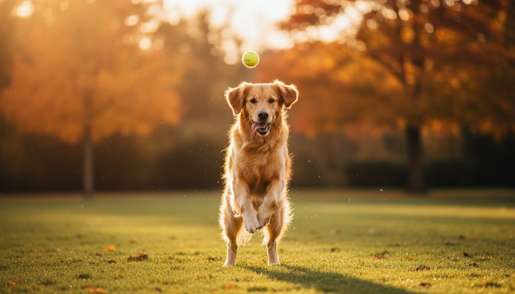 A majestic golden retriever captured in professional pet photography in Caulfield North Victoria, mid-leap through golden hour light at Princes Park, its fur glistening, embodying pure joy and loyalty in an epic, heartwarming moment.