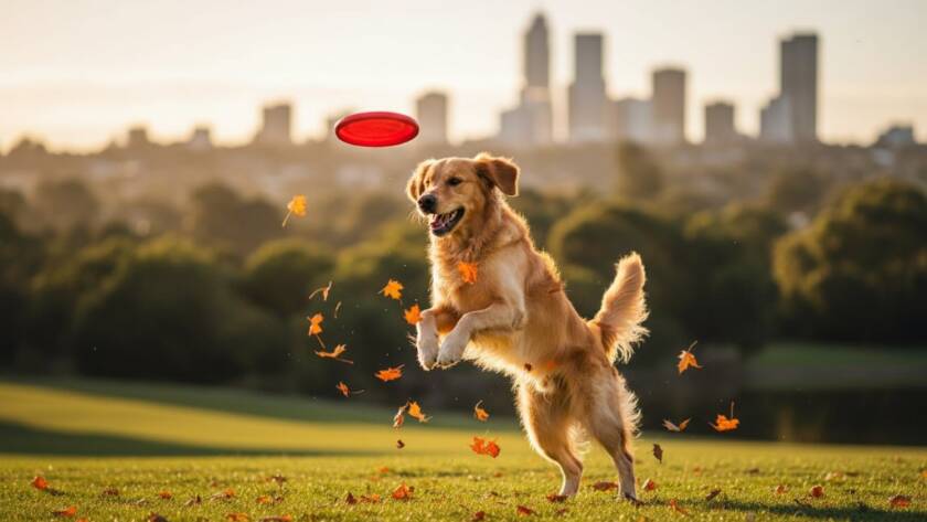 An epic moment captured in professional pet photography in Doncaster Victoria, featuring a golden retriever joyfully leaping through autumn leaves in a local park, illuminated by golden hour sunlight, with a blurred background of the Doncaster Hill cityscape.