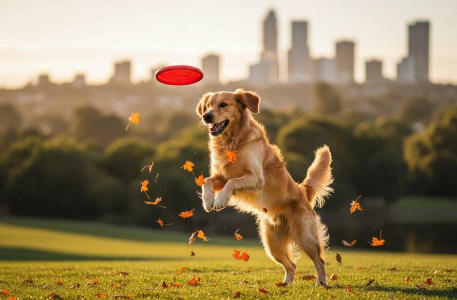 An epic moment captured in professional pet photography in Doncaster Victoria, featuring a golden retriever joyfully leaping through autumn leaves in a local park, illuminated by golden hour sunlight, with a blurred background of the Doncaster Hill cityscape.