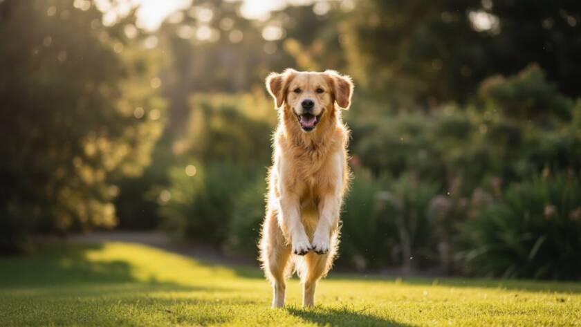 A golden retriever joyfully leaping through dappled sunlight in Glen Iris Gardens, Victoria, capturing a professional pet photography Glen Iris Gardens epic moment with dramatic backlighting and vibrant colours, showing pure canine happiness.