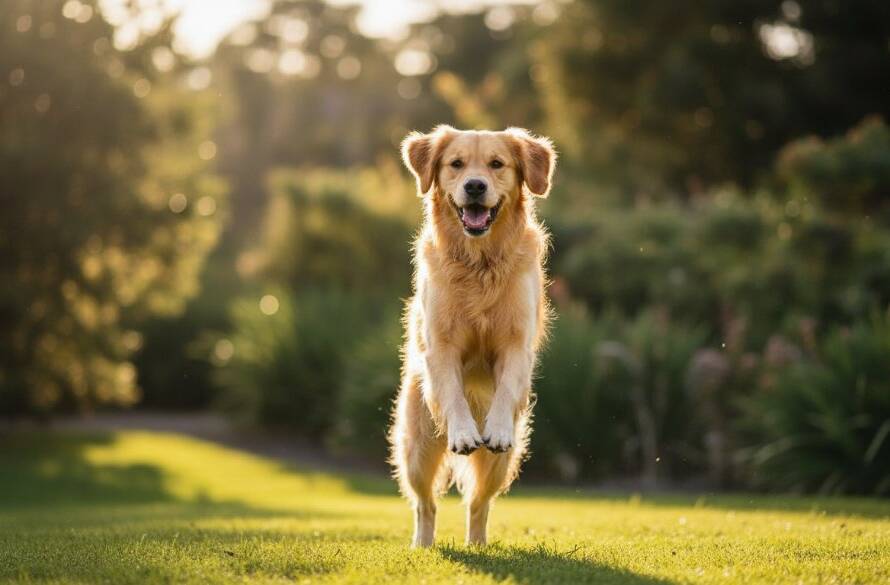 A golden retriever joyfully leaping through dappled sunlight in Glen Iris Gardens, Victoria, capturing a professional pet photography Glen Iris Gardens epic moment with dramatic backlighting and vibrant colours, showing pure canine happiness.