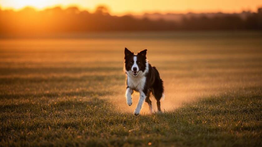 A golden retriever leaps joyfully through a sun-drenched field near Koo Wee Rup, Victoria, an epic moment captured by professional pet photography Koo Wee Rup, showcasing pure happiness with dramatic light.