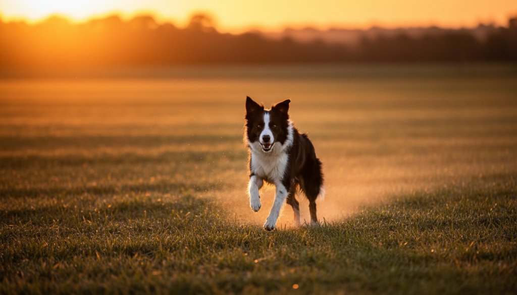 A golden retriever leaps joyfully through a sun-drenched field near Koo Wee Rup, Victoria, an epic moment captured by professional pet photography Koo Wee Rup, showcasing pure happiness with dramatic light.