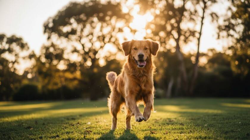 A heartwarming 'epic moment' shot of a golden retriever joyfully leaping through golden hour sunlight in a Lyndhurst park, embodying the spirit of professional pet photography Lyndhurst natural light.