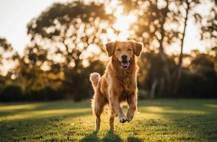 A heartwarming 'epic moment' shot of a golden retriever joyfully leaping through golden hour sunlight in a Lyndhurst park, embodying the spirit of professional pet photography Lyndhurst natural light.