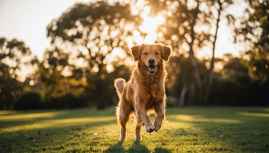 A heartwarming 'epic moment' shot of a golden retriever joyfully leaping through golden hour sunlight in a Lyndhurst park, embodying the spirit of professional pet photography Lyndhurst natural light.