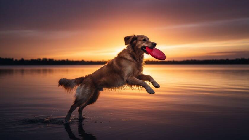 Dramatic, professional pet photography Manor Lakes image showcasing a happy golden retriever mid-leap, fetching a frisbee at sunset by the lake, with dynamic motion blur and warm, golden hour lighting, capturing an epic moment of joy.