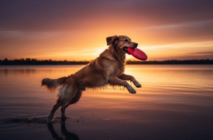 Dramatic, professional pet photography Manor Lakes image showcasing a happy golden retriever mid-leap, fetching a frisbee at sunset by the lake, with dynamic motion blur and warm, golden hour lighting, capturing an epic moment of joy.