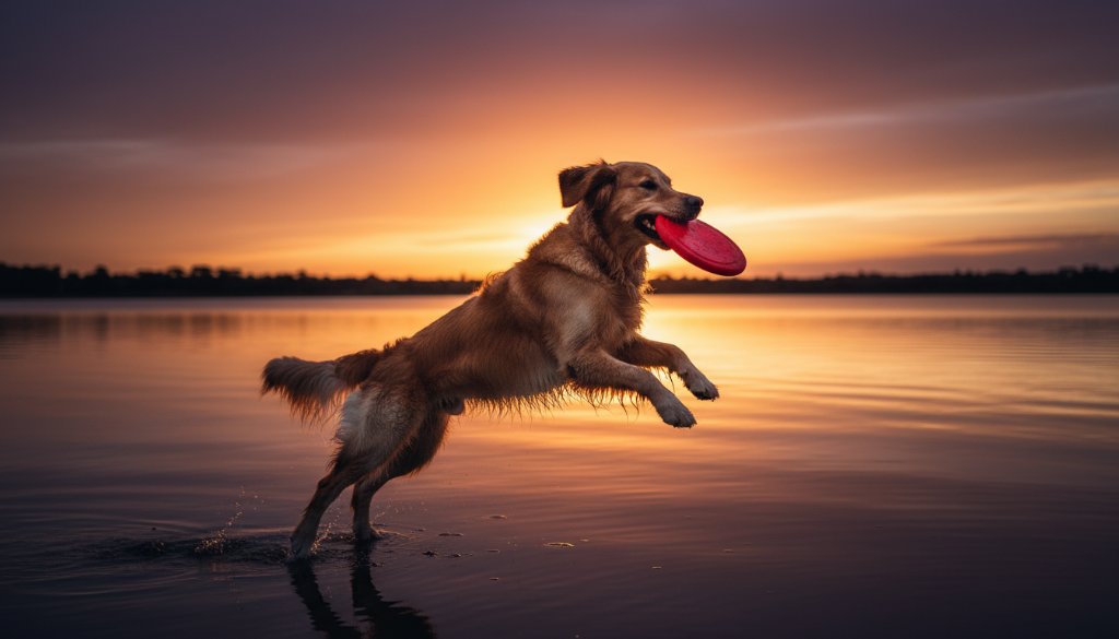 Dramatic, professional pet photography Manor Lakes image showcasing a happy golden retriever mid-leap, fetching a frisbee at sunset by the lake, with dynamic motion blur and warm, golden hour lighting, capturing an epic moment of joy.
