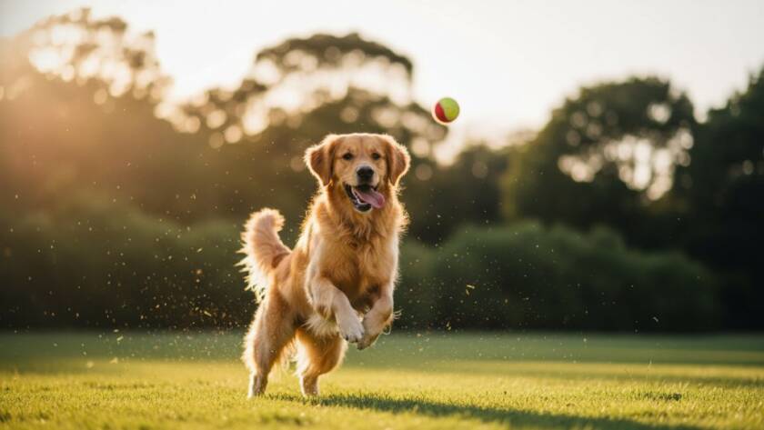 A vibrant, high-energy professional pet photography Mont Albert North image showing a golden retriever mid-leap, tongue out, with a blurred backdrop of lush green parkland in Mont Albert North, sun glowing behind it, capturing pure dog joy.