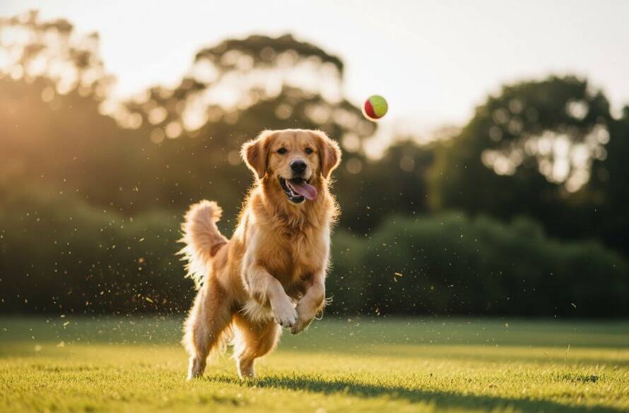A vibrant, high-energy professional pet photography Mont Albert North image showing a golden retriever mid-leap, tongue out, with a blurred backdrop of lush green parkland in Mont Albert North, sun glowing behind it, capturing pure dog joy.